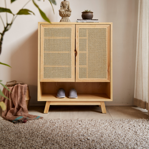 BohoBoho Costa Solid Wood Rattan Shoe Cabinet Natural 90x36x110cm Storage Furniture Urban Sales